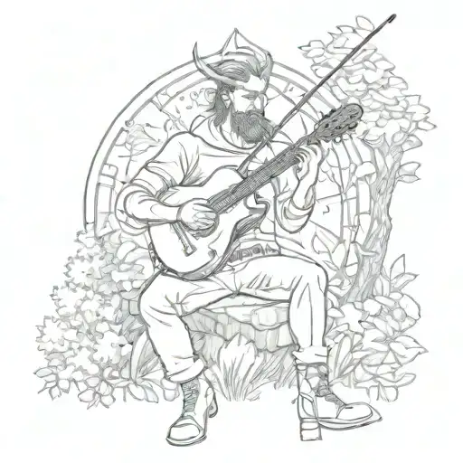 A sketch of a Sagittarius archer playing a guitar in a forest setting, blending music and nature elements tattoo design idea