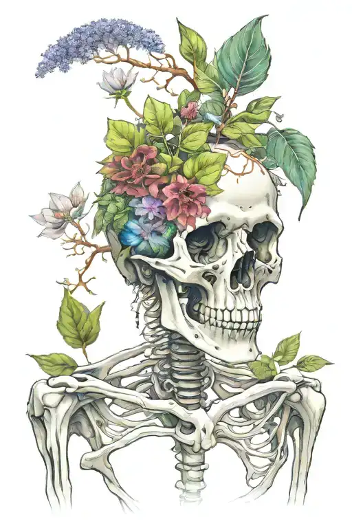 different plants connecting by stems leading into a skeleton that's breathing a galaxy tattoo design idea