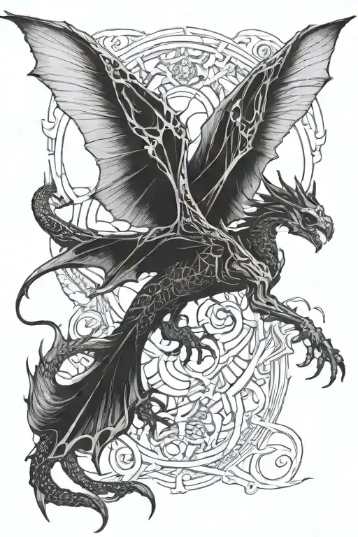 ethereal gothic spiritual dainty dragon flying with skeleton wings tattoo design idea