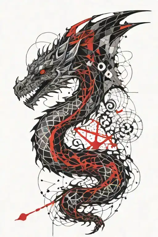 ethereal gothic spiritual dainty dragon with geometric background detail tattoo design idea