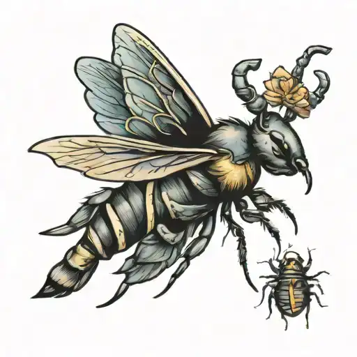 A bull, an ant , a bee, a Hummingbird, balance zodiac sign, a big scorpion with a little scorpion tattoo design idea