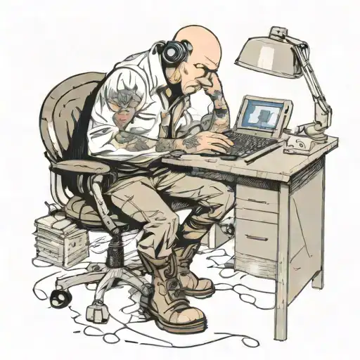 a skinhead software developer with boots coding in his computer in his desk tattoo design idea
