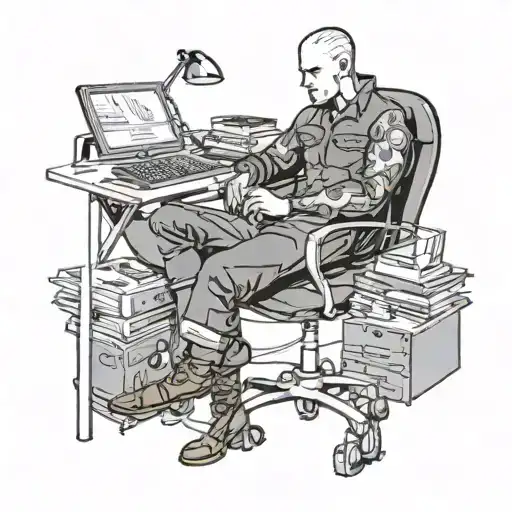 a skinhead software developer with boots coding in his computer in his desk tattoo design idea