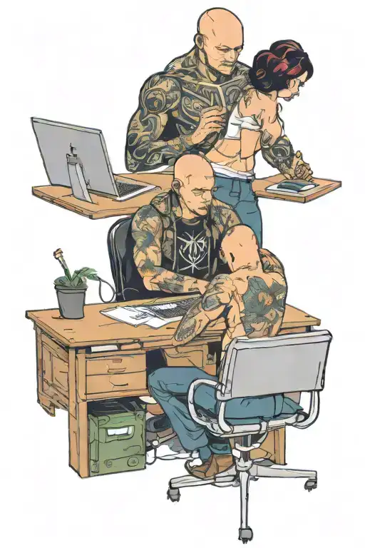 a skinhead software developer sitting in his desk doing some coding in his computer, and a sexy girl sitting with him tattoo design idea