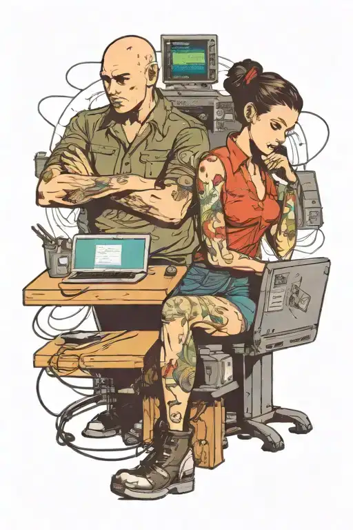 a skinhead software developer coding in his computer, and a sexy girl sitting with him tattoo design idea