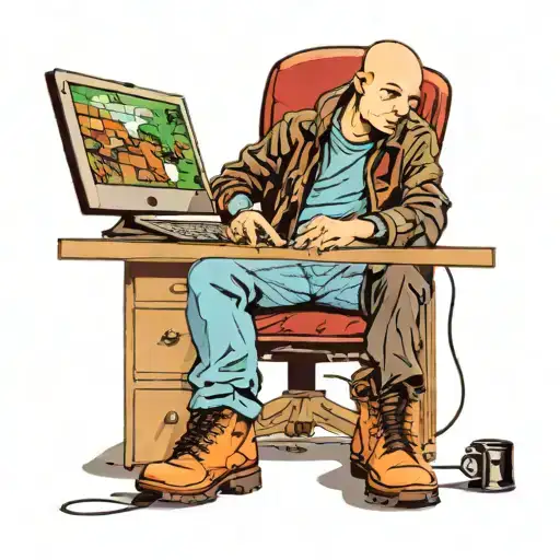 a skinhead software developer with boots coding in his computer in his desk tattoo design idea