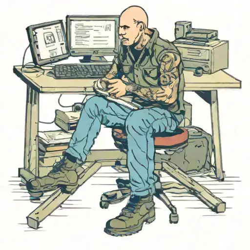 a skinhead software developer with boots coding in his computer in his desk tattoo design idea