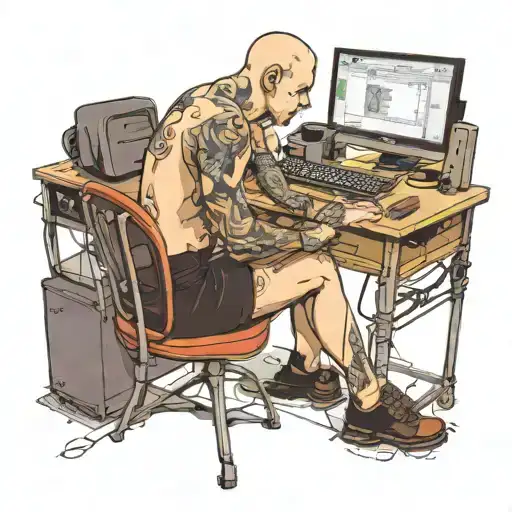 a skinhead software developer coding in his computer and a sexy girl sitting in the desk  tattoo design idea