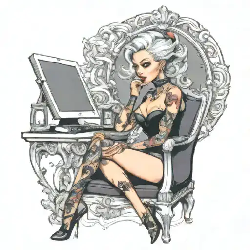 a sexy girl sitting in a chair, replace her head with a screen monitor tattoo design idea