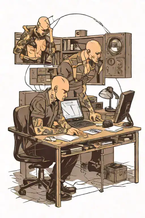 a skinhead software developer sitting in his desk doing some coding in his computer, and a sexy girl sitting with him tattoo design idea