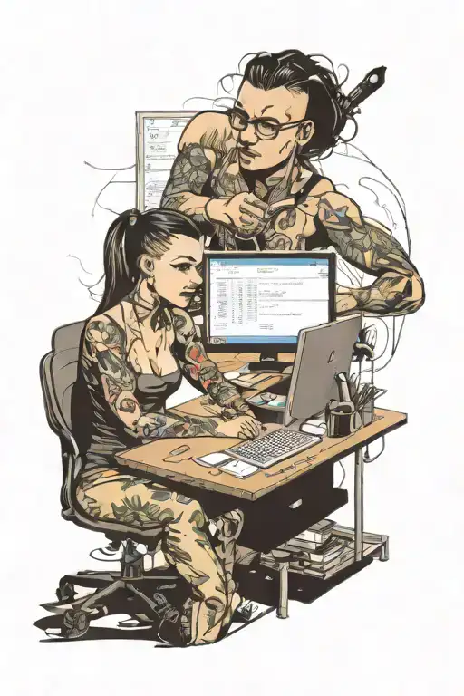 a skinhead software developer sitting in his desk doing some coding in his computer, and a sexy girl sitting with him tattoo design idea