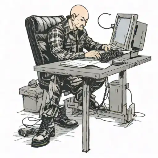 a skinhead software developer with boots coding in his computer in his desk tattoo design idea
