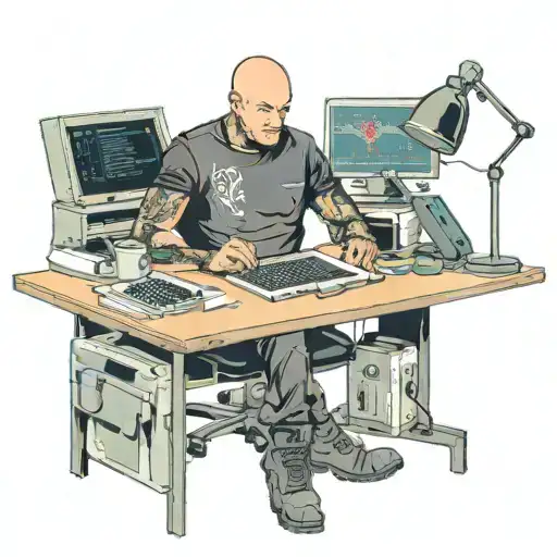 a skinhead software developer with boots coding in his computer in his desk tattoo design idea