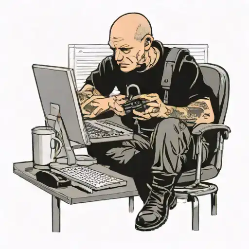 a skinhead software developer with boots coding in his computer in his desk tattoo design idea