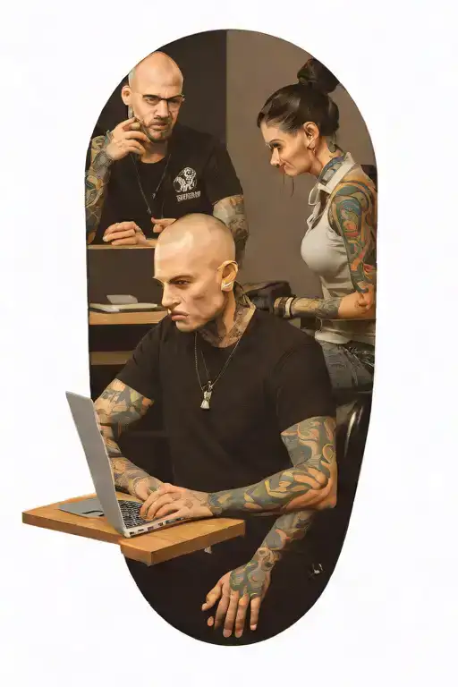 a skinhead software developer sitting in his desk coding in his computer, a sexy girl sitting next to him tattoo design idea