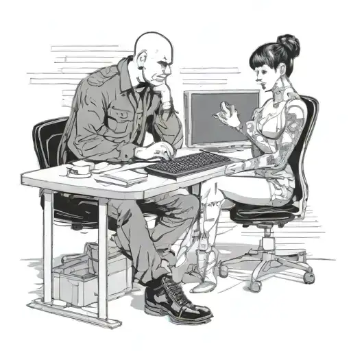 a skinhead software developer wearing boots coding in his computer and a sexy girl sitting with him in the desk tattoo design idea