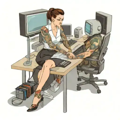 a skinhead software developer sitting in his desk doing some coding in his computer, and a sexy girl sitting with him tattoo design idea