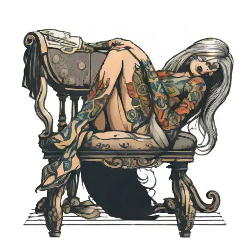 a sexy girl without head sitting in a chair in front of a desk  tattoo design idea