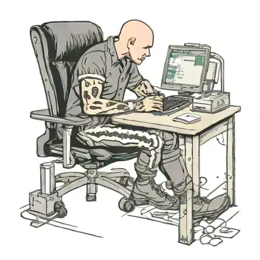 a skinhead software developer with boots coding in his computer in his desk tattoo design idea