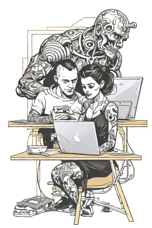 a skinhead software developer coding in his computer and a sexy girl in front of him tattoo design idea