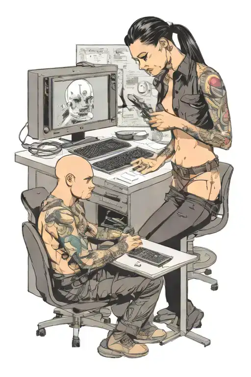 a skinhead software developer coding in his computer and a sexy girl in front of him tattoo design idea