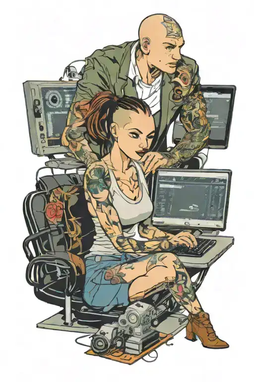 a skinhead software developer coding in his computer and a sexy girl in front of him tattoo design idea