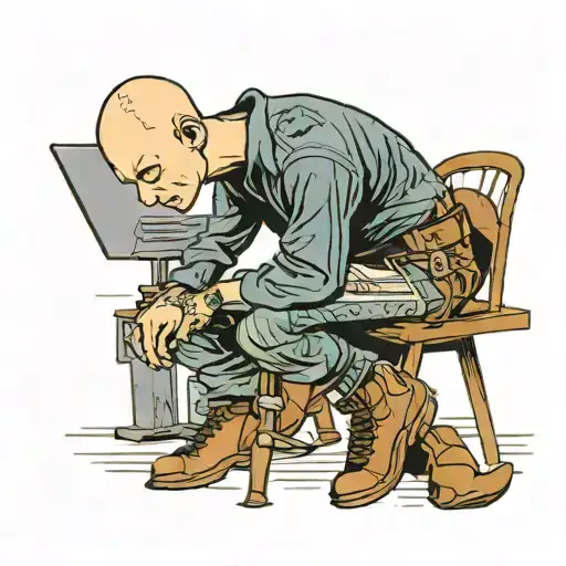 a skinhead software developer with boots coding in his computer in his desk tattoo design idea