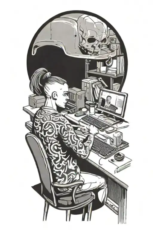 a skinhead software developer sitting in his desk coding in his computer, a sexy girl sitting with him in the same desk tattoo design idea