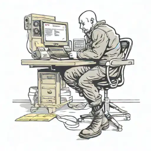 a skinhead software developer with boots coding in his computer in his desk tattoo design idea