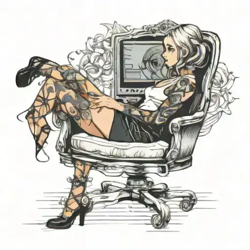a sexy girl sitting in a chair, replace her head with a screen monitor tattoo design idea