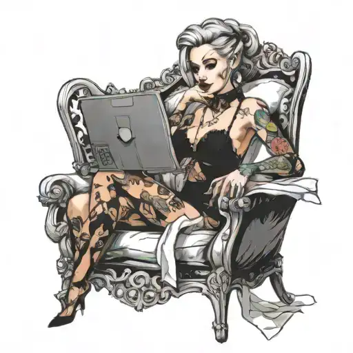 a sexy girl sitting in a chair, with lingerie, having a screen monitor in the head tattoo design idea