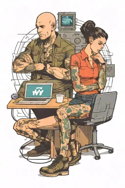 a skinhead software developer coding in his computer, and a sexy girl sitting with him tattoo design idea