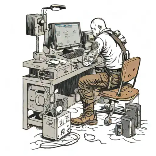 a skinhead software developer with boots coding in his computer in his desk tattoo design idea