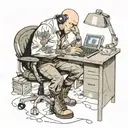 a skinhead software developer with boots coding in his computer in his desk tattoo design idea