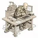 a skinhead software developer with boots coding in his computer in his desk tattoo design idea