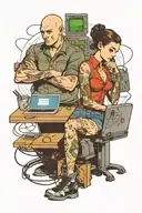 a skinhead software developer coding in his computer, and a sexy girl sitting with him tattoo design idea