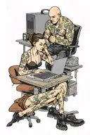 a skinhead software developer coding in his computer, and a sexy girl in front of him tattoo design idea