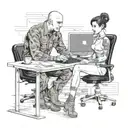 a skinhead software developer wearing boots coding in his computer and a sexy girl sitting with him in the desk tattoo design idea