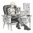 a skinhead software developer with boots coding in his computer and a sexy girl sitting with him in the desk tattoo design idea