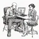 a skinhead software developer with boots coding in his computer and a sexy girl sitting with him in the desk tattoo design idea