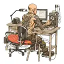 a skinhead software developer coding in his computer and a sexy girl sitting in the desk  tattoo design idea