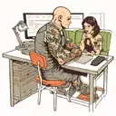 a skinhead software developer coding in his computer and a sexy girl sitting in the desk  tattoo design idea