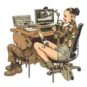 a skinhead software developer coding in his computer and a sexy girl sitting in the desk  tattoo design idea