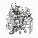 a skinhead software developer with boots coding in his computer in his desk tattoo design idea