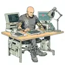a skinhead software developer with boots coding in his computer in his desk tattoo design idea