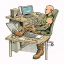 a skinhead software developer with boots coding in his computer in his desk tattoo design idea