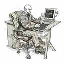 a skinhead software developer with boots coding in his computer in his desk tattoo design idea