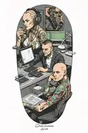 a skinhead software developer sitting in his desk doing some coding in his computer, and a sexy girl sitting with him tattoo design idea