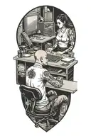 a skinhead software developer sitting in his desk doing some coding in his computer, and a sexy girl sitting with him tattoo design idea