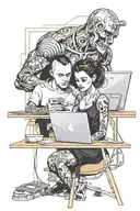 a skinhead software developer coding in his computer and a sexy girl in front of him tattoo design idea
